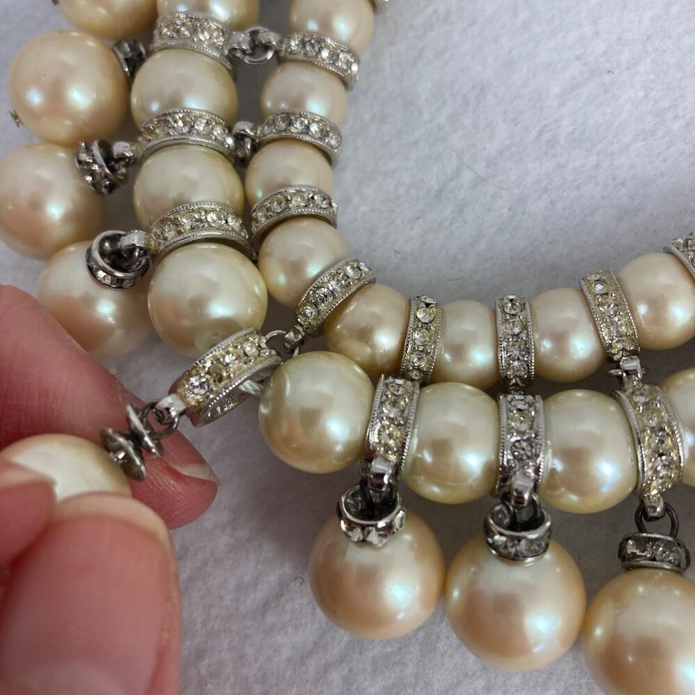 Vintage Carolee Faux Pearl Rhinestone Collar Bib Necklace Chunky Double Strand - Picture 8 of 11
